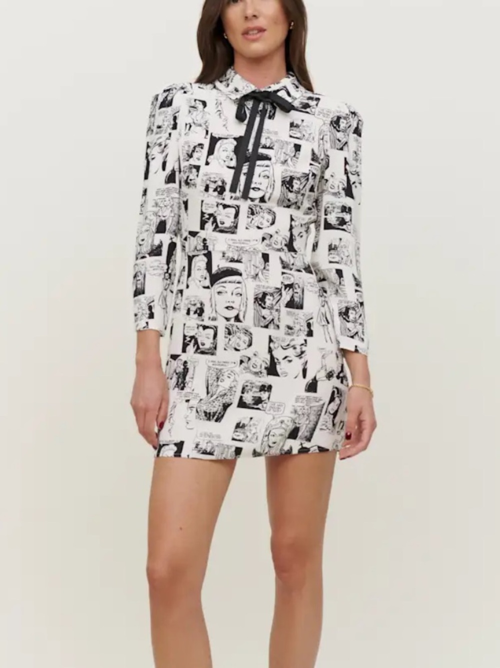 Reformation Black & White Comic-Print Mini Dress with Bow Tie